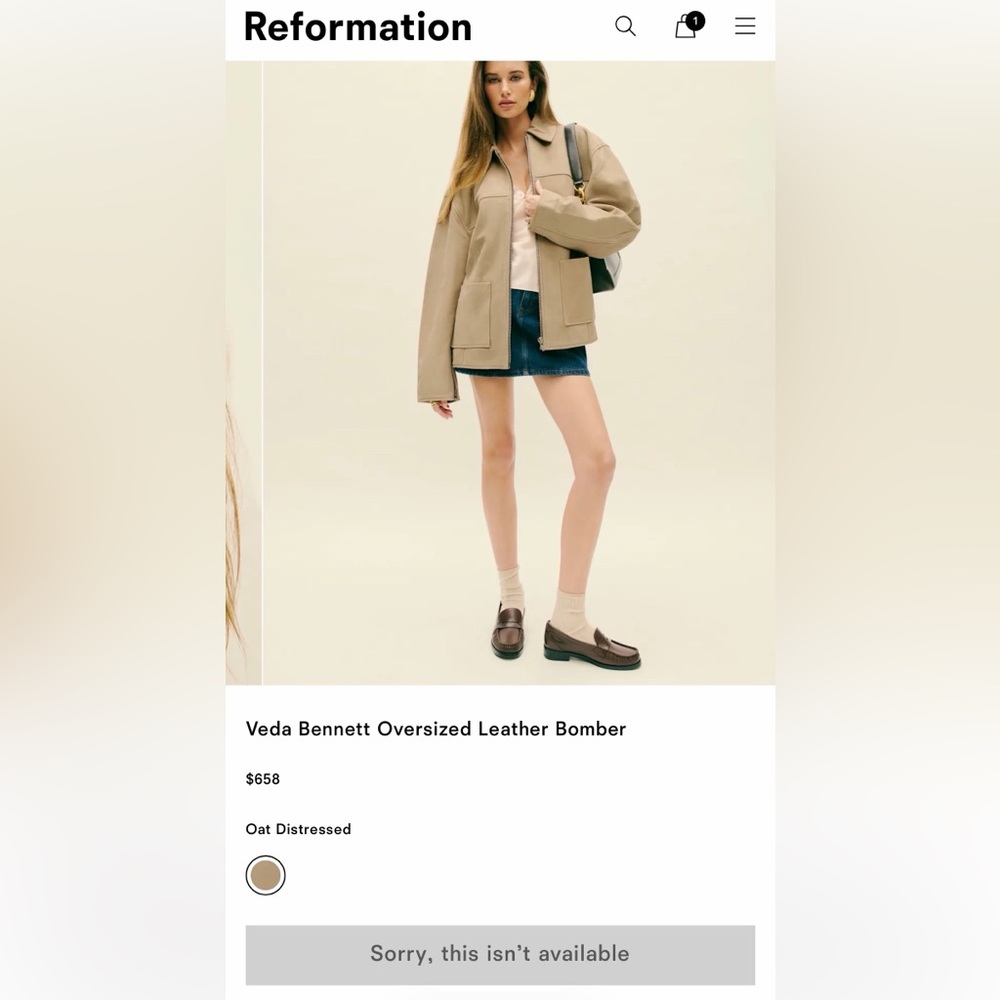 Reformation Veda Bennett Oversized Leather Bomber Natural - Size S